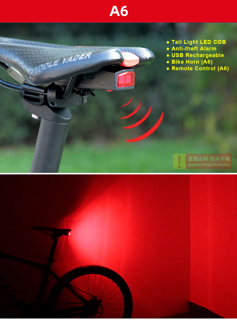 USB recargable inalámbrico control remoto bicicleta luz trasera alarma  campana freno automático inducción luz trasera